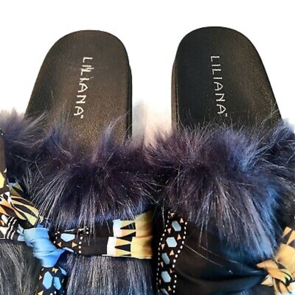 Liliana Womens Faux Fur Slides Slippers Size 6.5 Blue Slip On Casual Sandals - Picture 3 of 9